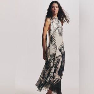 H&M Scarf Detail Midi Dress XL (cream, black patterned) NWT